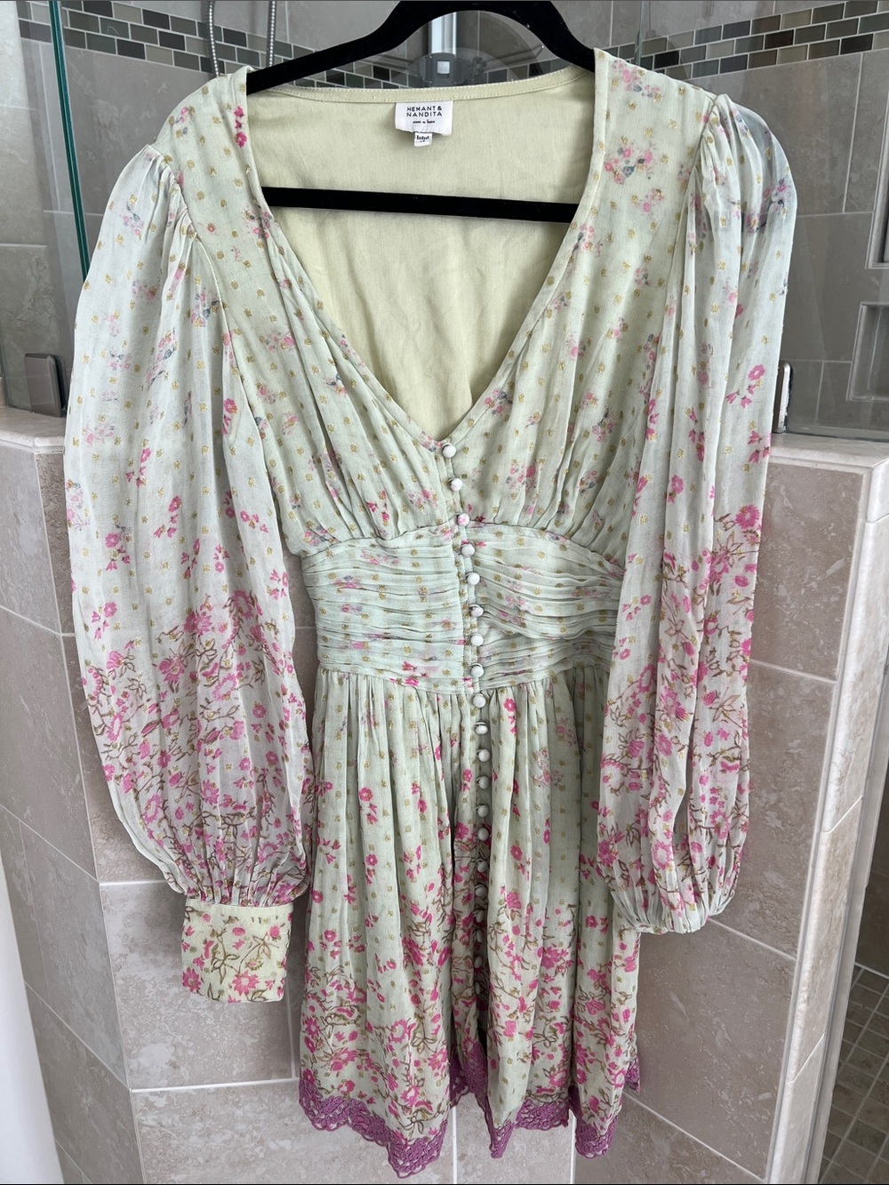 Misa Los Angeles Sage Floral Long-Sleeve Button-Front Dress with Pink Accents